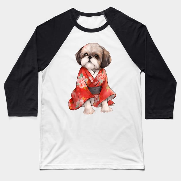 Watercolor Shih Tzu Dog in Kimono Baseball T-Shirt by Chromatic Fusion Studio